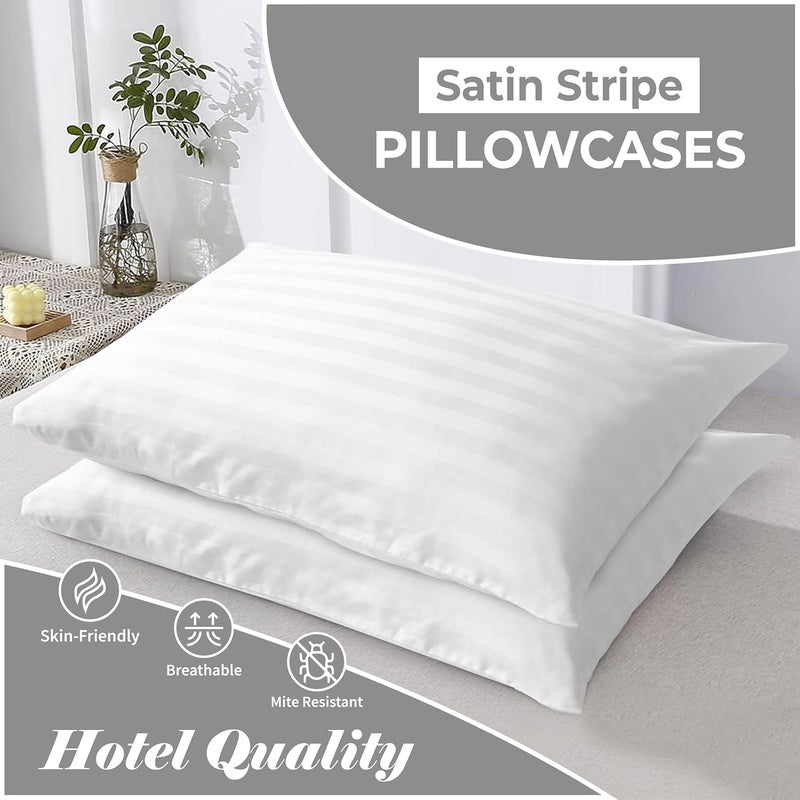 القيلولة زين طقم غطاء وسادة سيستا زين من القطن بنسبة 100%، بجودة فندقية فاخرة، مصنوع من الساتان - مخطط من الساتان بعرض 2 سم، فائق النعومة، يسمح بمرور الهواء ومضاد للحساسية (أبيض، زوج غطاء وسادة H.W) - Image 5